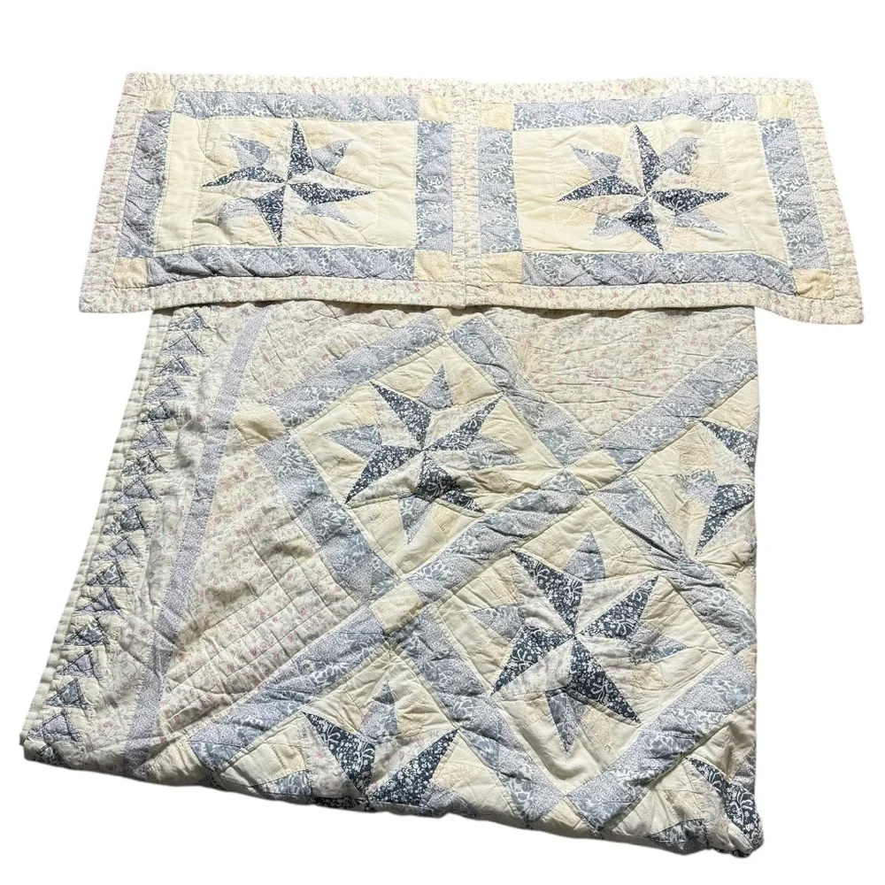 Vintage handmade star patchwork quilt + pillow sham set blue pink 80”x80”
